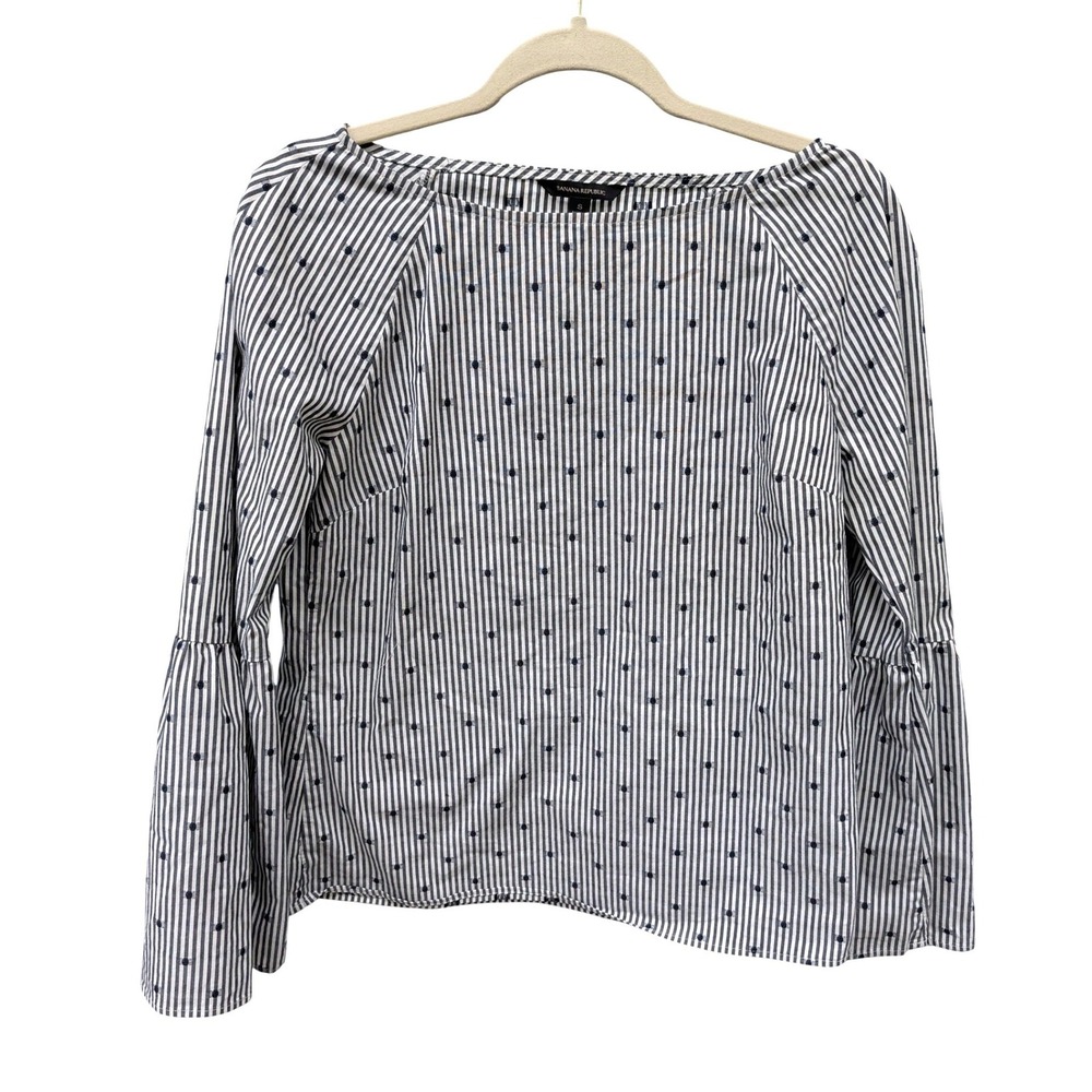 Banana Republic Striped Polka Dot Bell Sleeve Blouse Boat Neck Blue White- Small - Picture 2 of 7